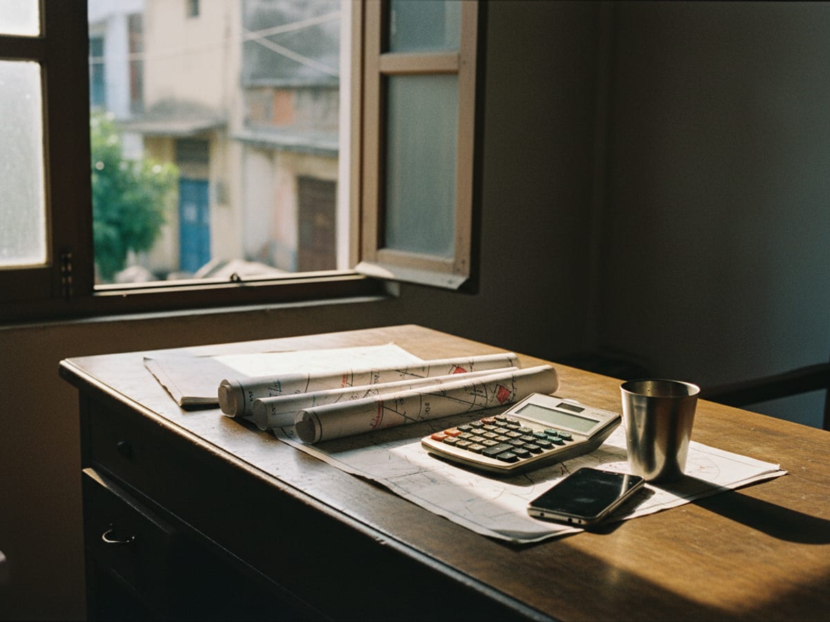 A broker's desk with plot maps, a calculator, a phone and a steel tumbler of tea