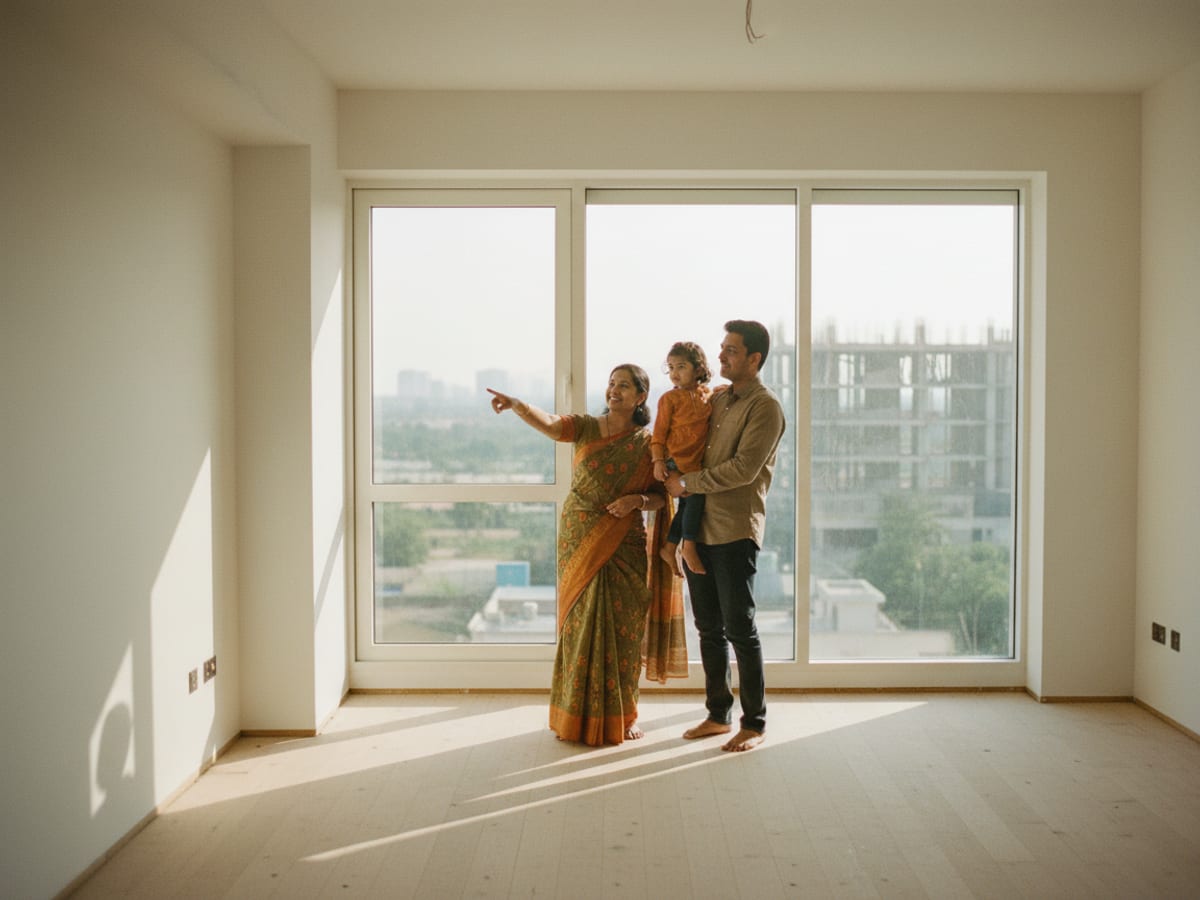 A young family looking around a bright, empty new apartment