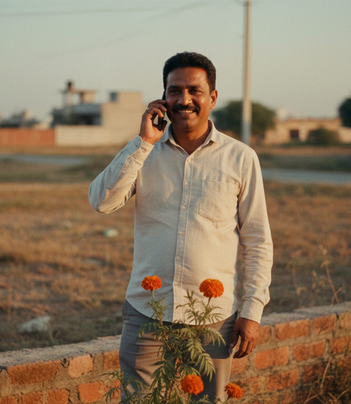 A real-estate broker on his phone at the edge of an empty plot at golden hour